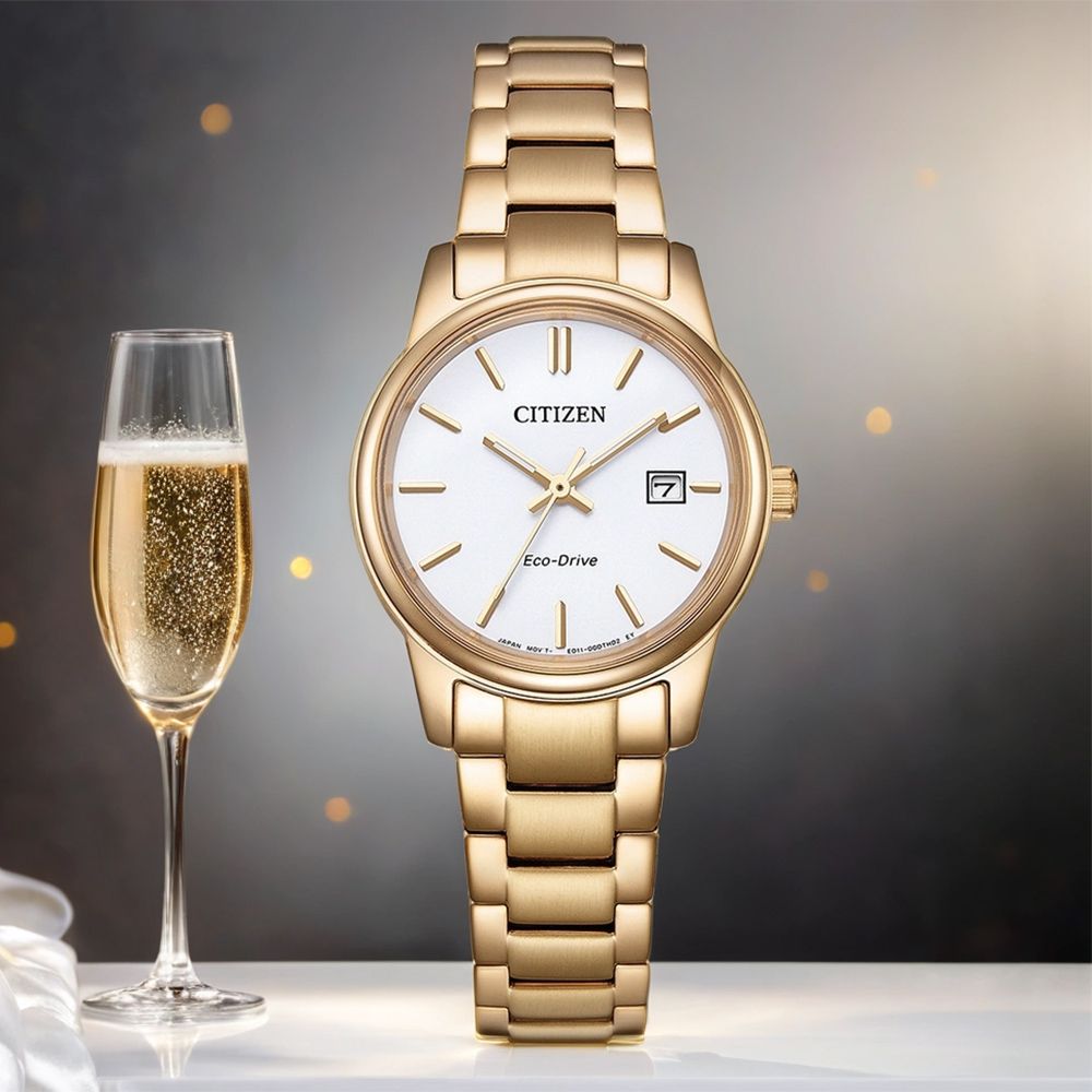 CITIZEN 星辰 光動能OL簡約女錶-玫瑰金x白/27.5mm(EW2313-93A)