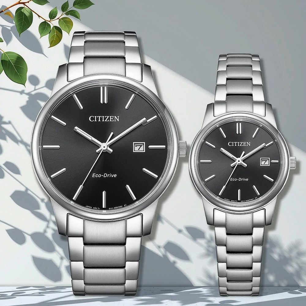 CITIZEN 星辰 光動能情侶手錶 對錶-銀x黑(BM6978-93E+EW2318-90E)