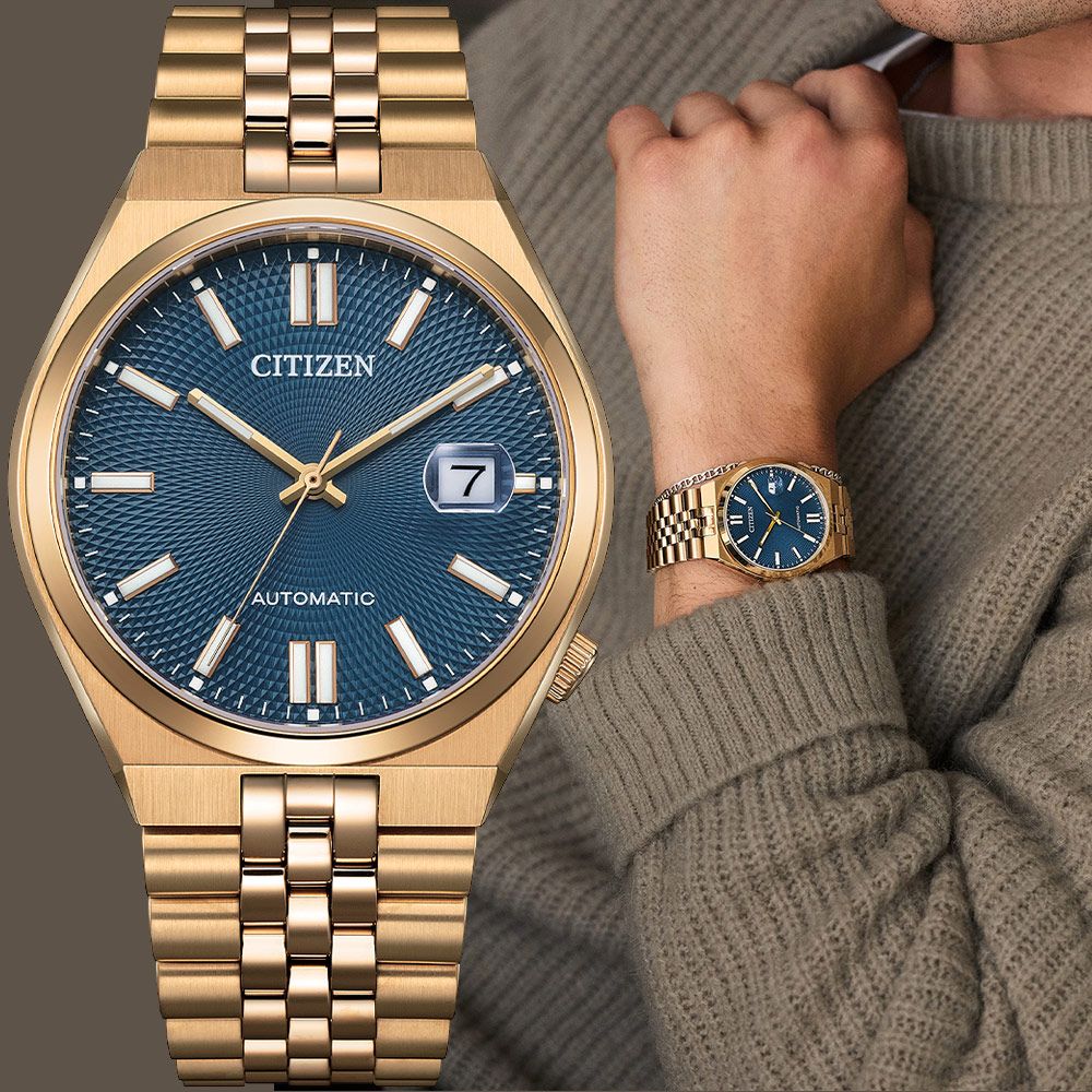 CITIZEN 星辰 限量 Tsuyosa 60 青春撞色機械錶 手錶-午夜藍x玫瑰金色/40mm 禮物 送禮(NK0023-57L)