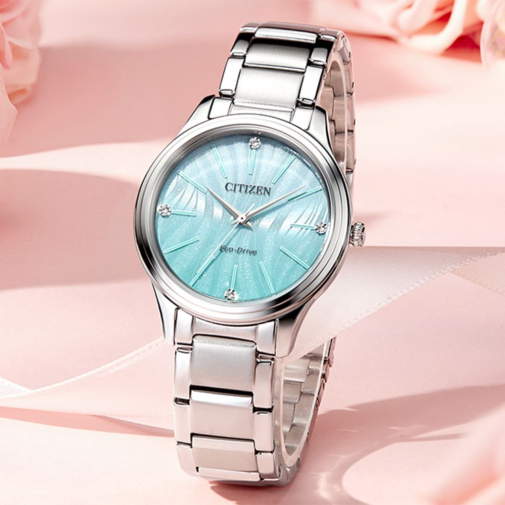 CITIZEN 星辰 限量 光動能大三針女錶 手錶-湖水綠/34mm(EM1220-58Y)
