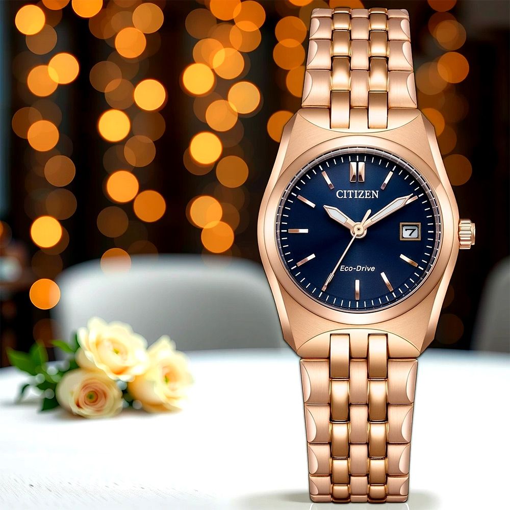 CITIZEN 星辰 限量 光動能簡約大三針女錶-午夜藍x玫瑰金/27mm 手錶(EW2298-52L)