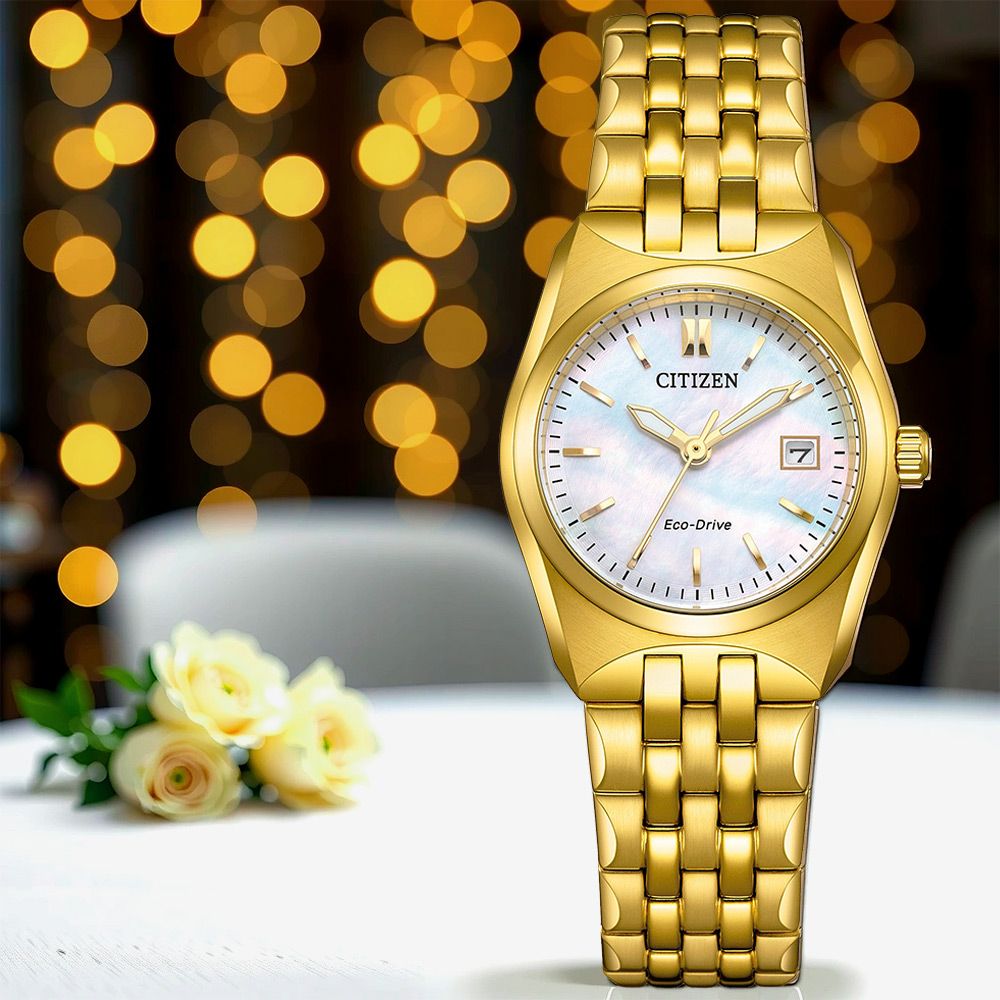 CITIZEN 星辰 限量 光動能簡約大三針女錶-珍珠貝x金/27mm 手錶(EW2293-56D)
