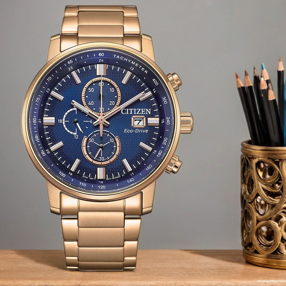 CITIZEN 星辰 情人節推薦款 鐵窗花光動能計時手錶 男錶-藍x玫瑰金/43mm 禮物 送禮 推薦(CA0843-89L)