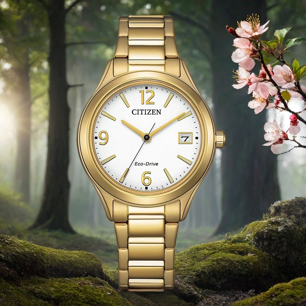 CITIZEN 星辰 簡約大三針光動能女錶-金x白/33.5mm 禮物 送禮 推薦(FE6122-64A)