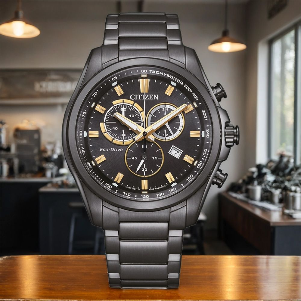 CITIZEN 星辰 競速賽車風 光動能三眼計時手錶-黑/43mm 禮物 送禮 推薦(AT2137-50E)