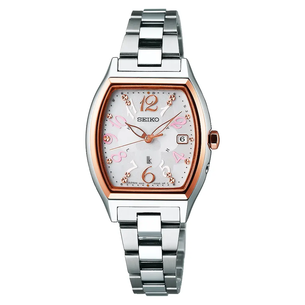 SEIKO 精工 LUKIA 鈦花漾綻放太陽能電波錶 女錶-粉x玫瑰金框/26mm(SSQW20J/1B22-0BT0KS)