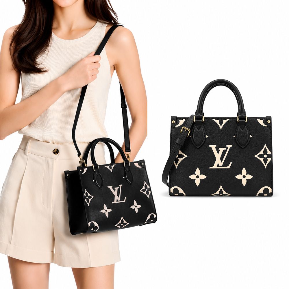 Louis Vuitton OnTheGo PM 雙色Monogram Empreinte 皮革托特包(黑色/米白色) /平行輸入