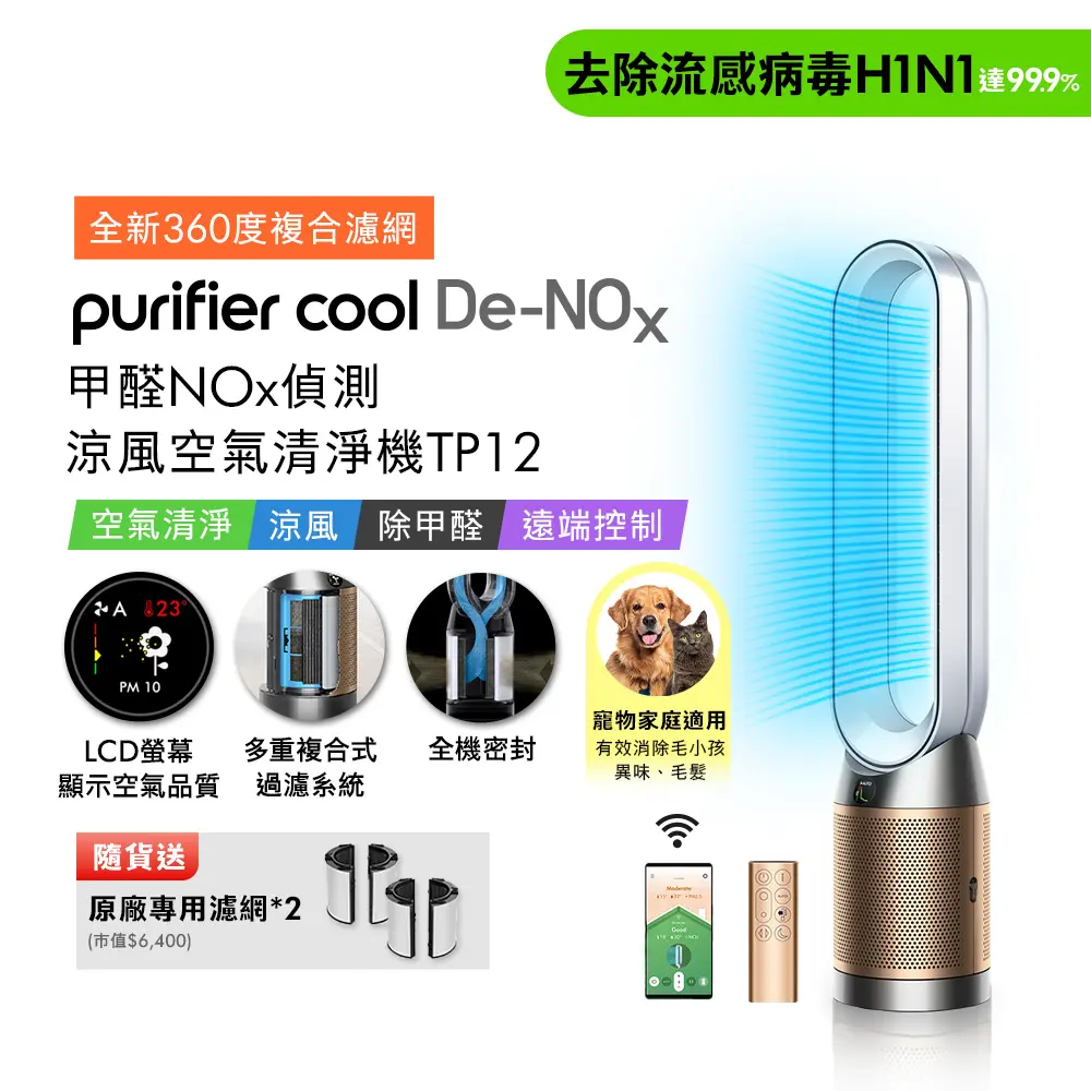 Dyson Purifier Cool De-NOx​甲醛 NOx 偵測涼風空氣清淨機 TP12 白金色(贈濾網*2+氣泡水機)