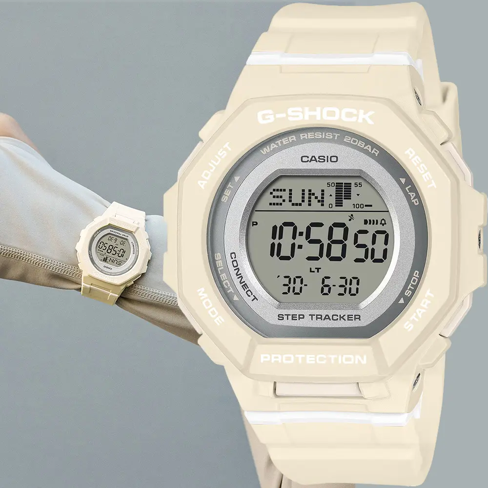 CASIO 卡西歐 G-SHOCK 計步藍牙手錶 運動風女錶-米白 送禮 禮物 推薦(GMD-B300-7)