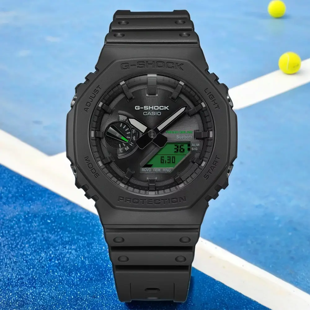 CASIO 卡西歐 G-SHOCK 經典黑與電光綠藍芽太陽能八角雙顯電子錶 送禮 禮物 推薦(GA-B2100BEG-1A)