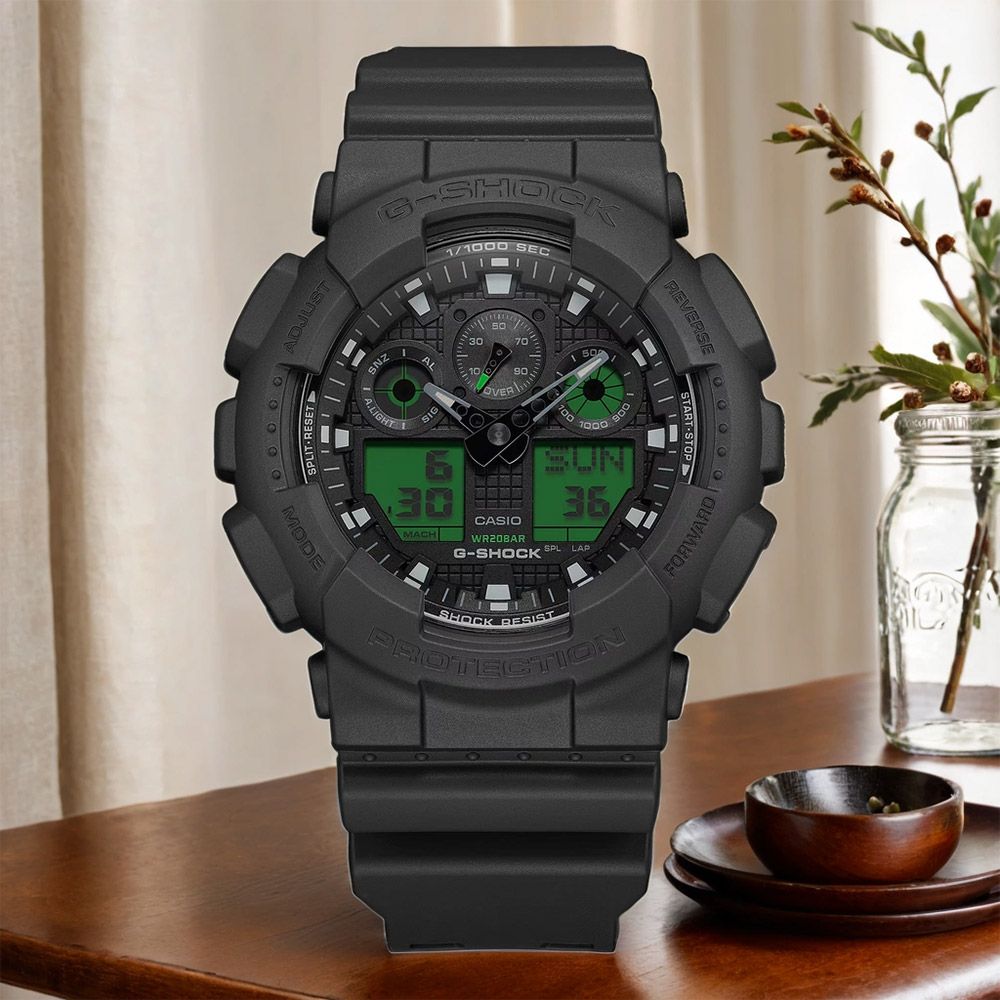 CASIO 卡西歐 G-SHOCK 經典黑與電光綠雙顯手錶 學生錶 送禮 禮物 推薦(GA-100BEG-1A)