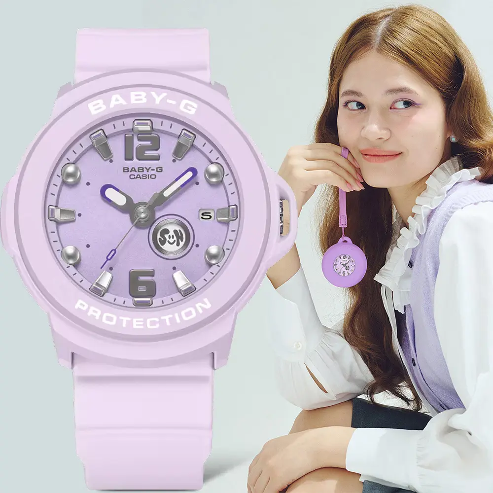 CASIO 卡西歐 BABY-G+PLUS 紫色錶殼吊飾套組 柔和粉彩指針女錶 學生錶 手錶 送禮 禮物(BGA-15K-6A)