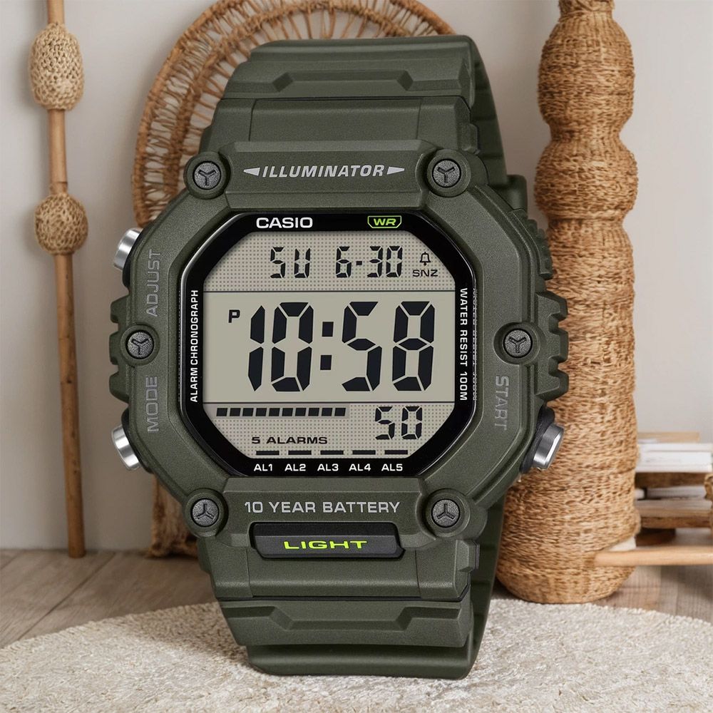 CASIO 卡西歐 LCD大屏幕顯示 10年電力手錶-軍綠/加長型錶帶 送禮 禮物 推薦(AE-1600HX-3AV)