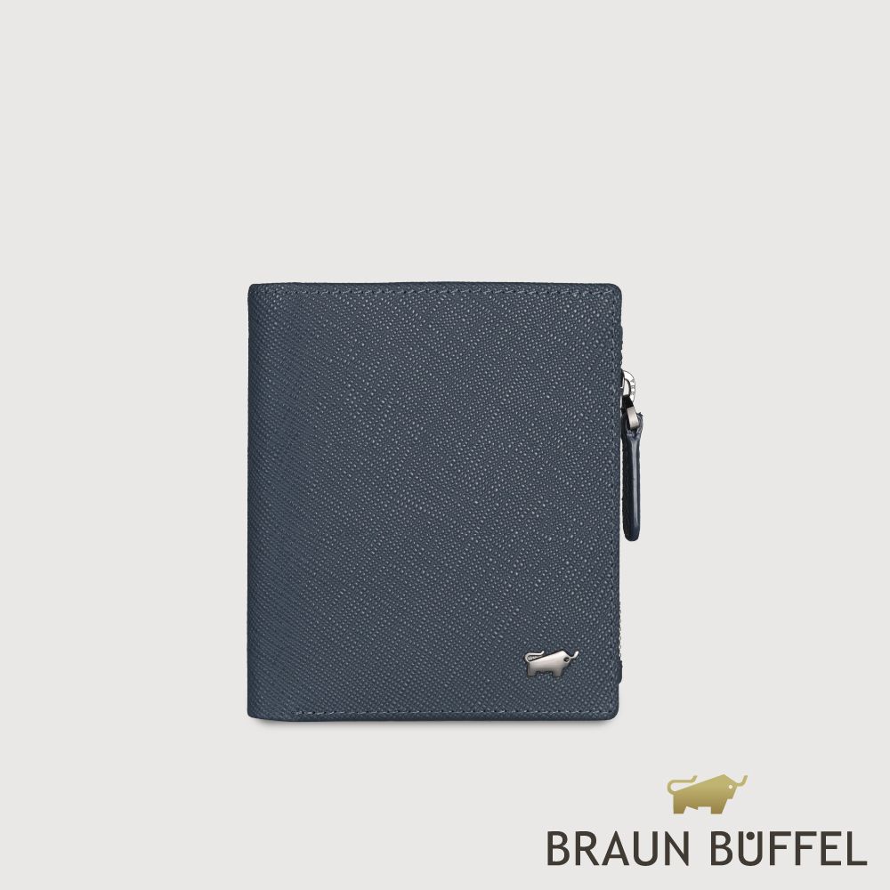 【BRAUN BUFFEL 德國小金牛】台灣總代理 HOMME-P 6卡直立拉鍊零錢袋短夾-藍色/BF598-325-NY
