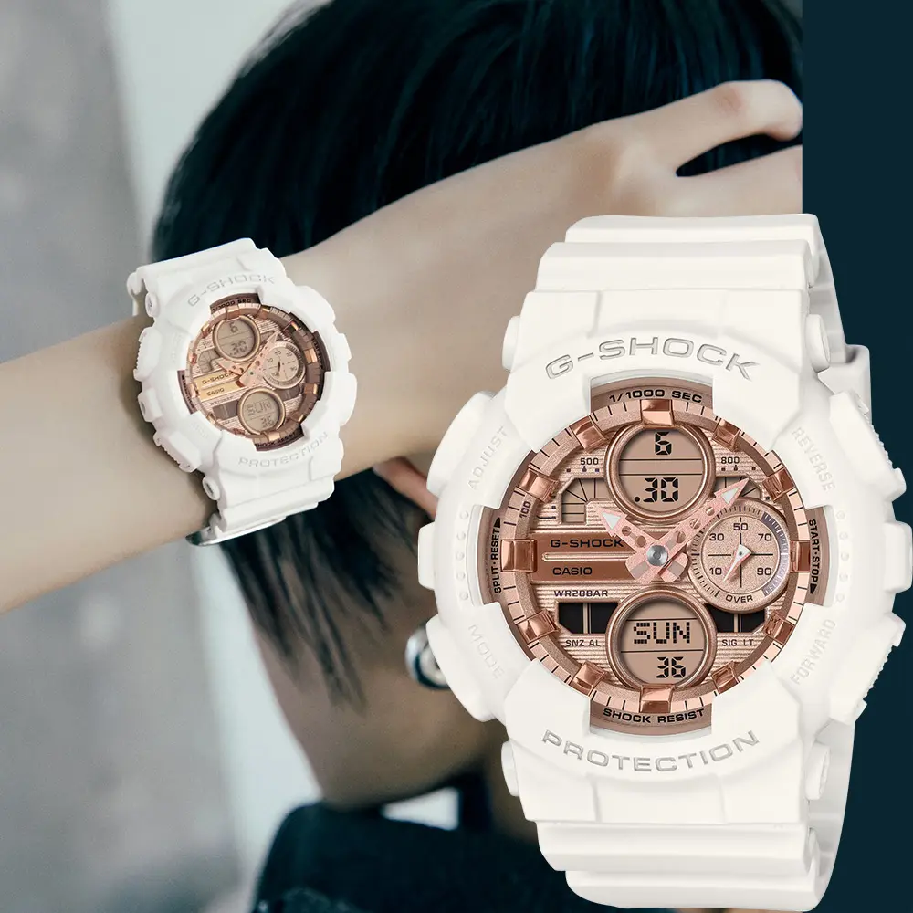 CASIO 卡西歐 G-SHOCK 時尚雙顯電子錶 女錶-玫瑰金x白 手錶 送禮 禮物 推薦(GMA-S140PG-7A)