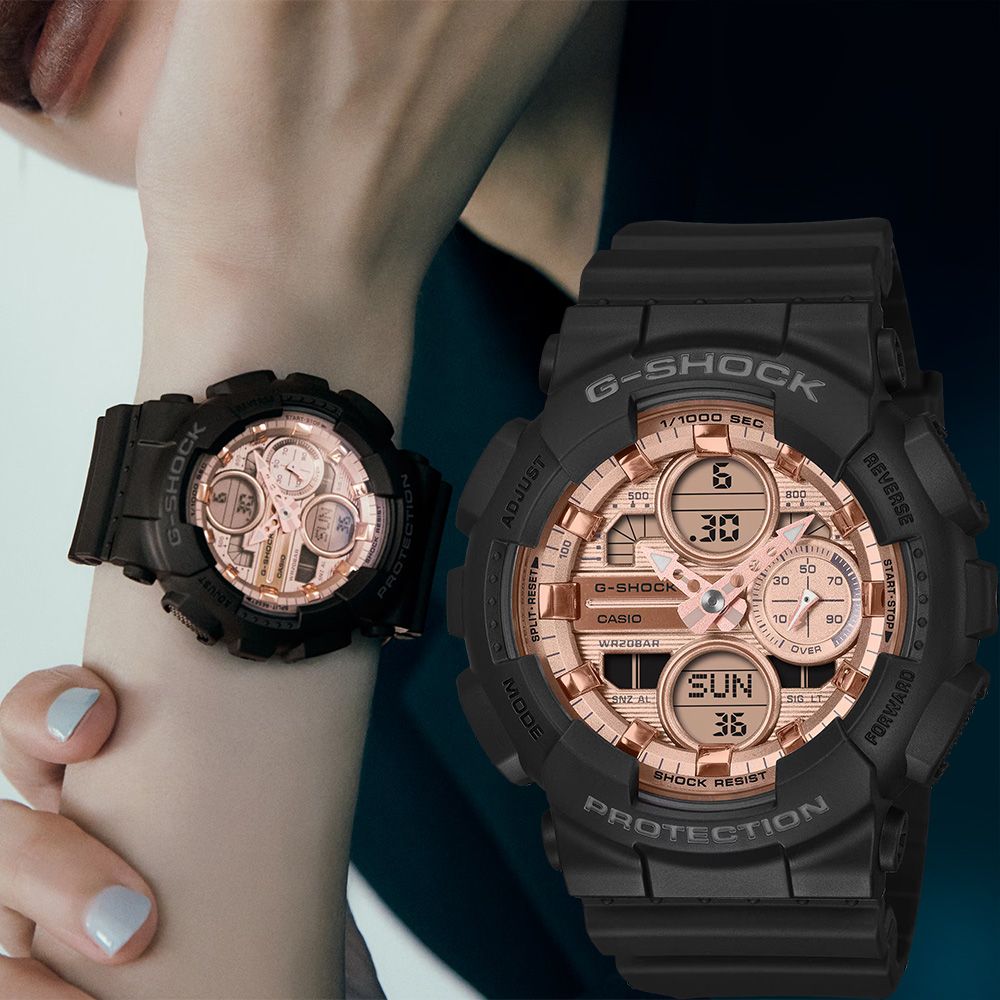 CASIO 卡西歐 G-SHOCK 時尚雙顯電子錶 女錶-玫瑰金x黑 手錶 送禮 禮物 推薦(GMA-S140PG-1A)