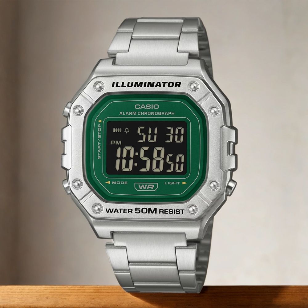 CASIO 卡西歐 休閒方形電子錶-綠x銀 學生錶 手錶 送禮 禮物 推薦(W-218HD-3AV)