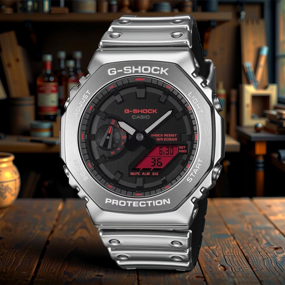 CASIO 卡西歐 G-SHOCK 工業風八角金屬圈雙顯電子錶 學生錶 手錶 送禮 禮物 推薦(GM-2100YRA-8A)