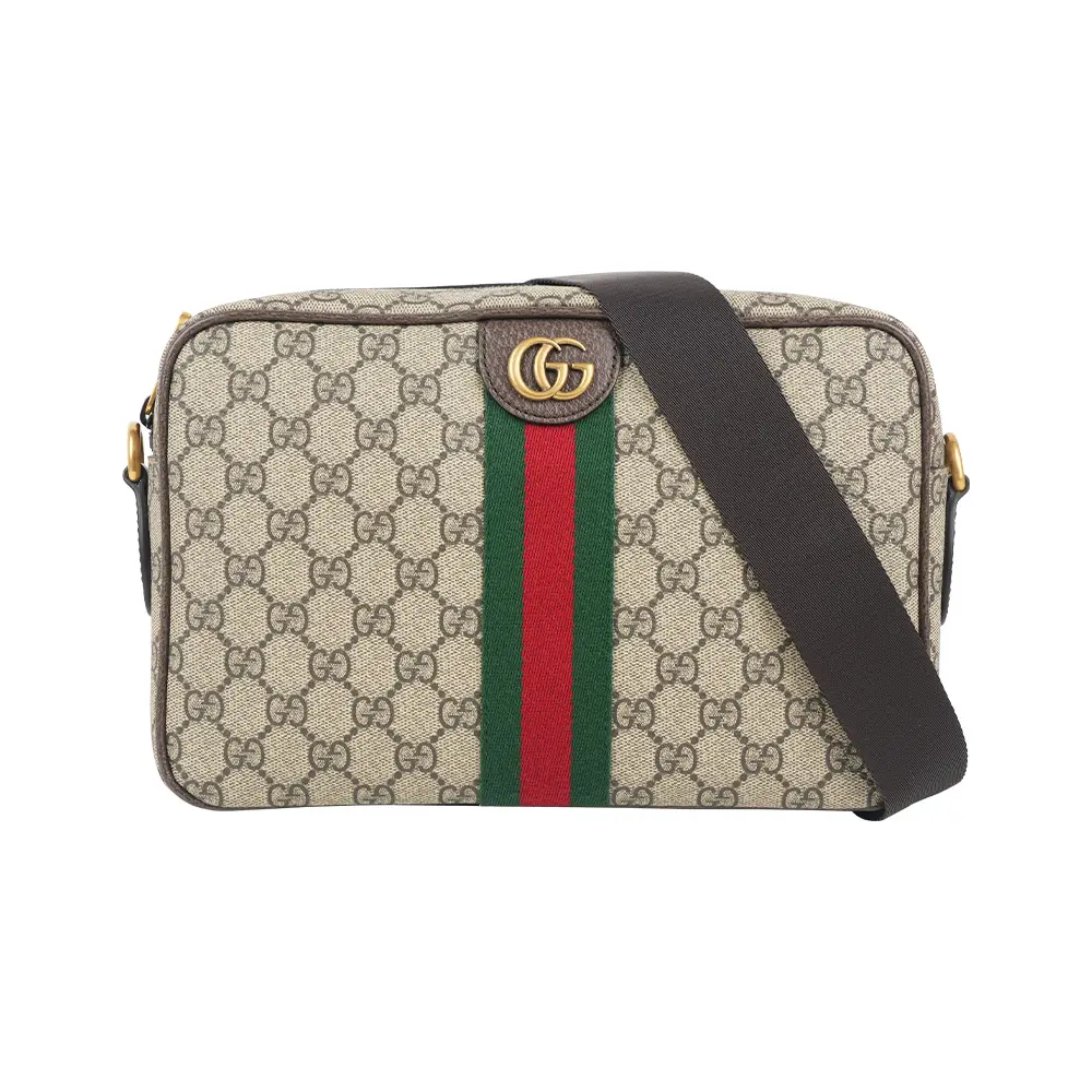 【GUCCI】Ophidia 綠紅織帶中型拉鍊斜背包(米色/烏木色)/ 平行輸入