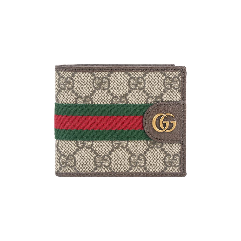 【GUCCI】Ophidia 綠紅織帶對開8卡短夾(烏木色/深棕色)/ 平行輸入