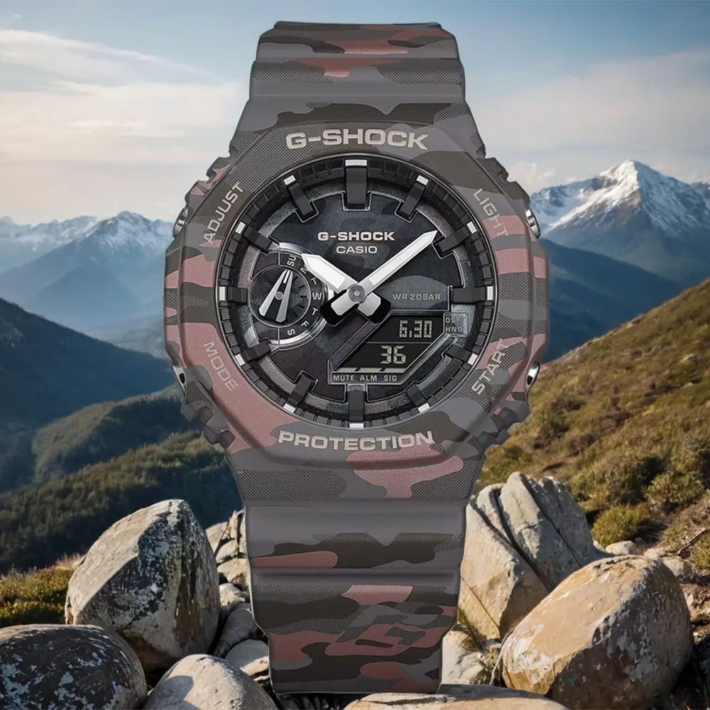 CASIO 卡西歐 G-SHOCK 迷彩酷炫蒸鍍雙顯手錶 電子錶 學生錶 送禮 禮物 推薦(GA-2100CMD-8A)