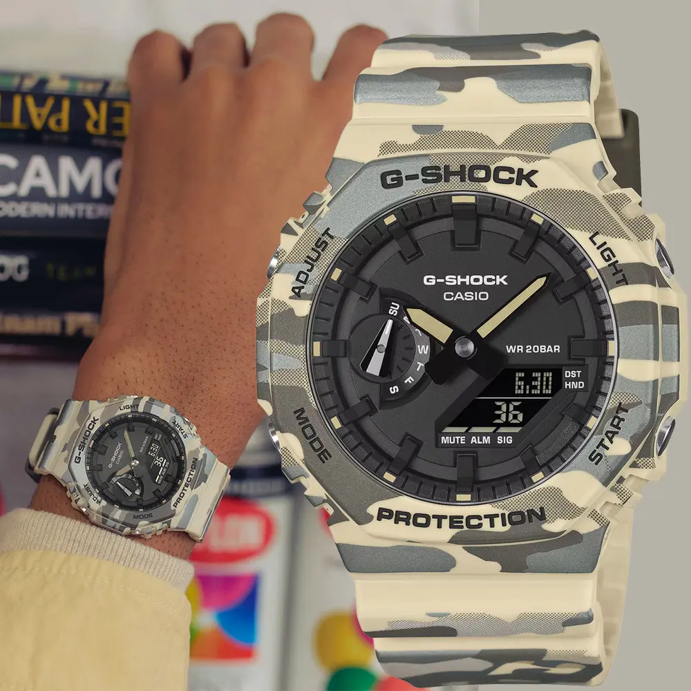 CASIO 卡西歐 G-SHOCK 迷彩酷炫八角雙顯手錶 電子錶 學生錶 送禮 禮物 推薦(GA-2100CM-5A)