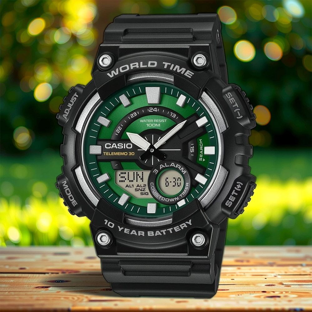 CASIO 卡西歐 經典數位計時雙顯電子錶 手錶-翠綠 學生錶 送禮 禮物 推薦(AEQ-110W-3A2V)