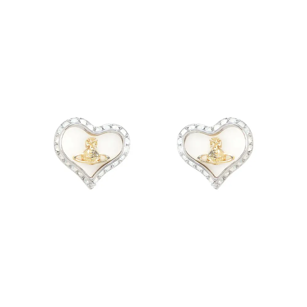 【Vivienne Westwood】Petra 愛心母貝金色土星環針式耳環(金色/珍珠白)/ 平行輸入