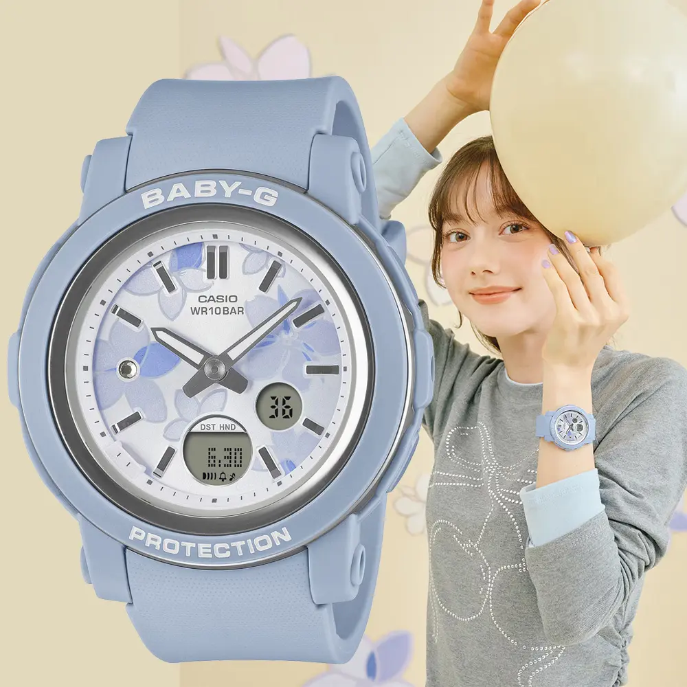 CASIO 卡西歐 BABY-G 優雅花卉雙顯女錶-粉藍 電子錶 手錶 送禮 禮物 推薦(BGA-290FL-2A)