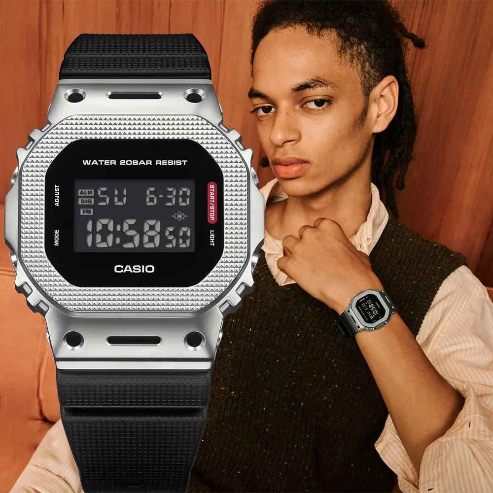 CASIO 卡西歐 G-SHOCK 金屬圈格狀紋理電子錶 手錶 學生錶 送禮 禮物 推薦(GM-5600M-1)