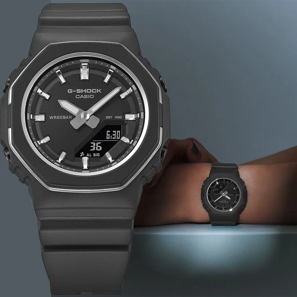 CASIO 卡西歐 G-SHOCK 八角纖薄金屬邊 雙顯手錶-黑色 電子錶 女錶 送禮 禮物 推薦(GMA-P2110-1A)