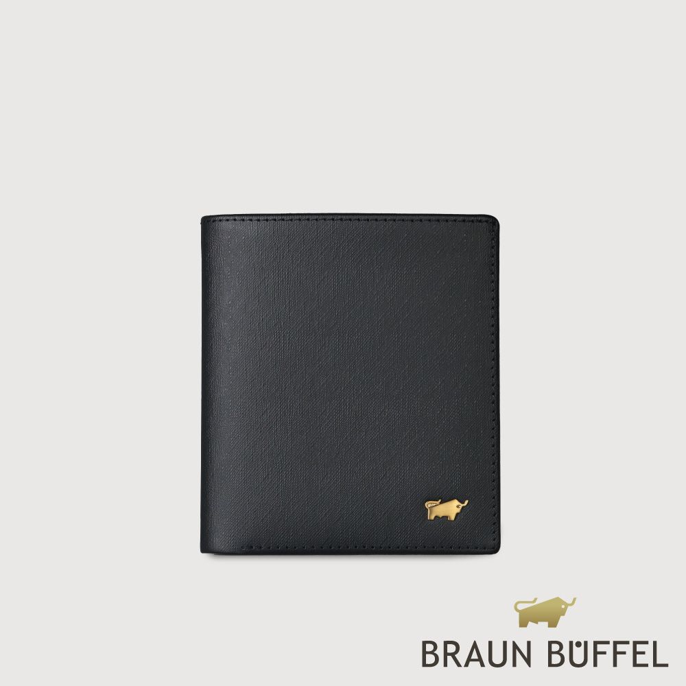【BRAUN BUFFEL 德國小金牛】台灣總代理 HOMME-M 6卡直立短夾(金色LOGO款)-黑色/BF306-TW306-BK