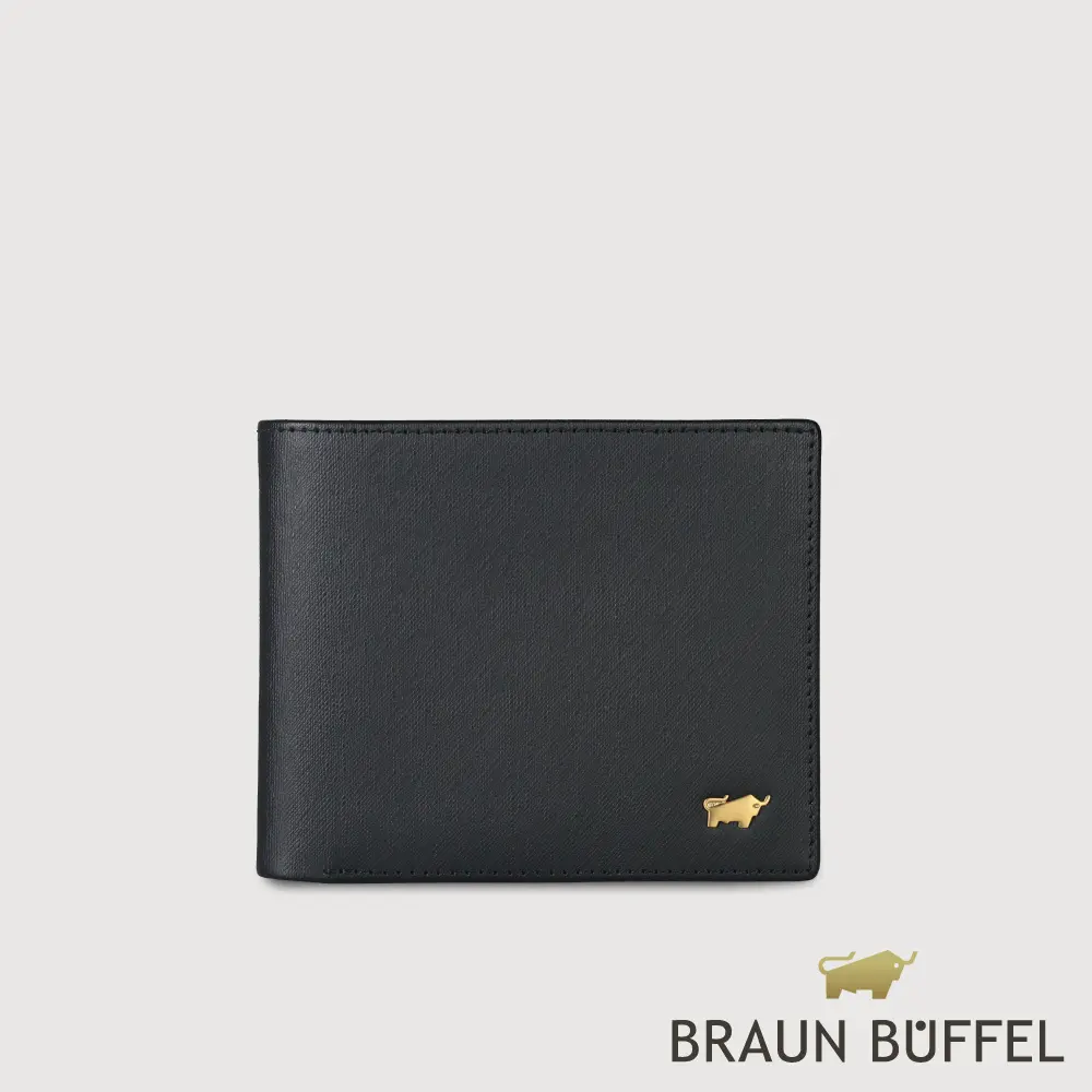 【BRAUN BUFFEL 德國小金牛】台灣總代理 HOMME-M 8卡中間翻零錢袋短夾(金色LOGO款)-黑色/BF306-TW318-BK