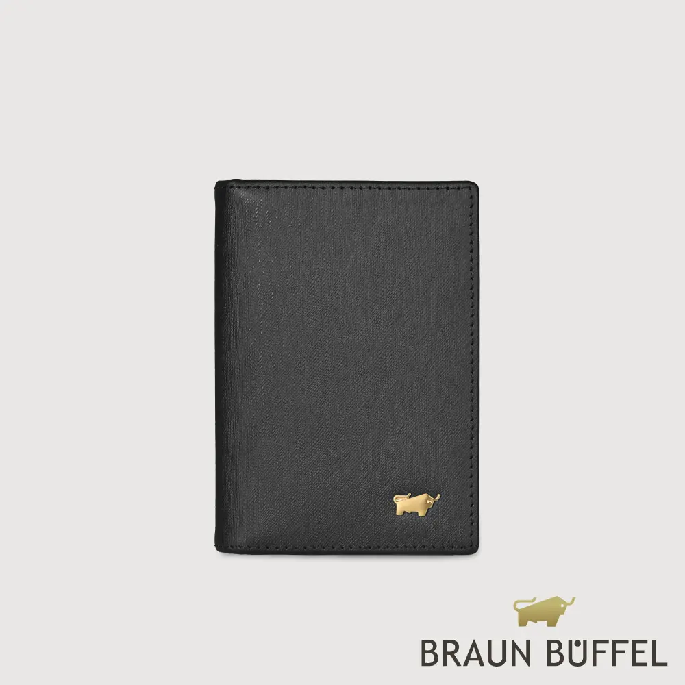 【BRAUN BUFFEL 德國小金牛】台灣總代理 HOMME-M 4卡名片夾(金色LOGO款)-黑色/BF306-TW402-BK