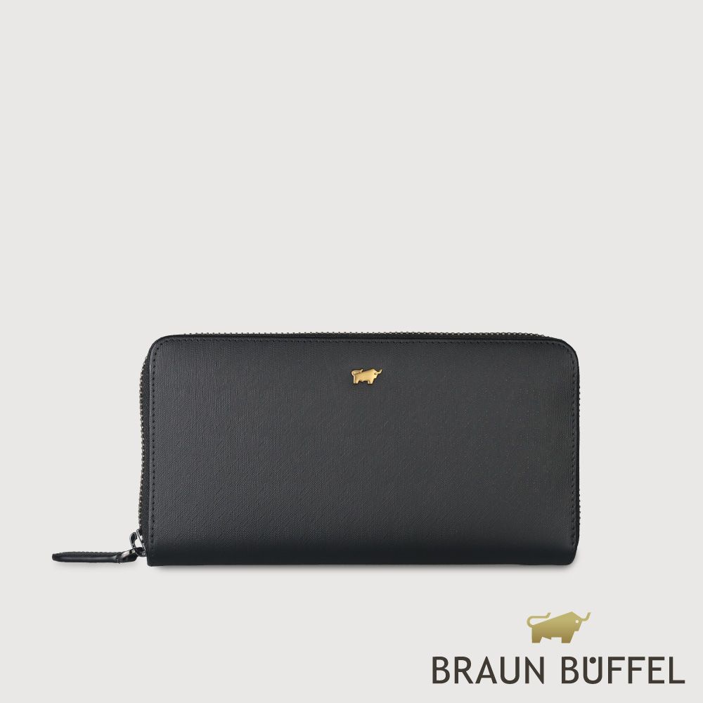 【BRAUN BUFFEL 德國小金牛】台灣總代理 HOMME-M 12卡拉鍊長夾(金色LOGO款)-黑色/BF306-TW602-BK