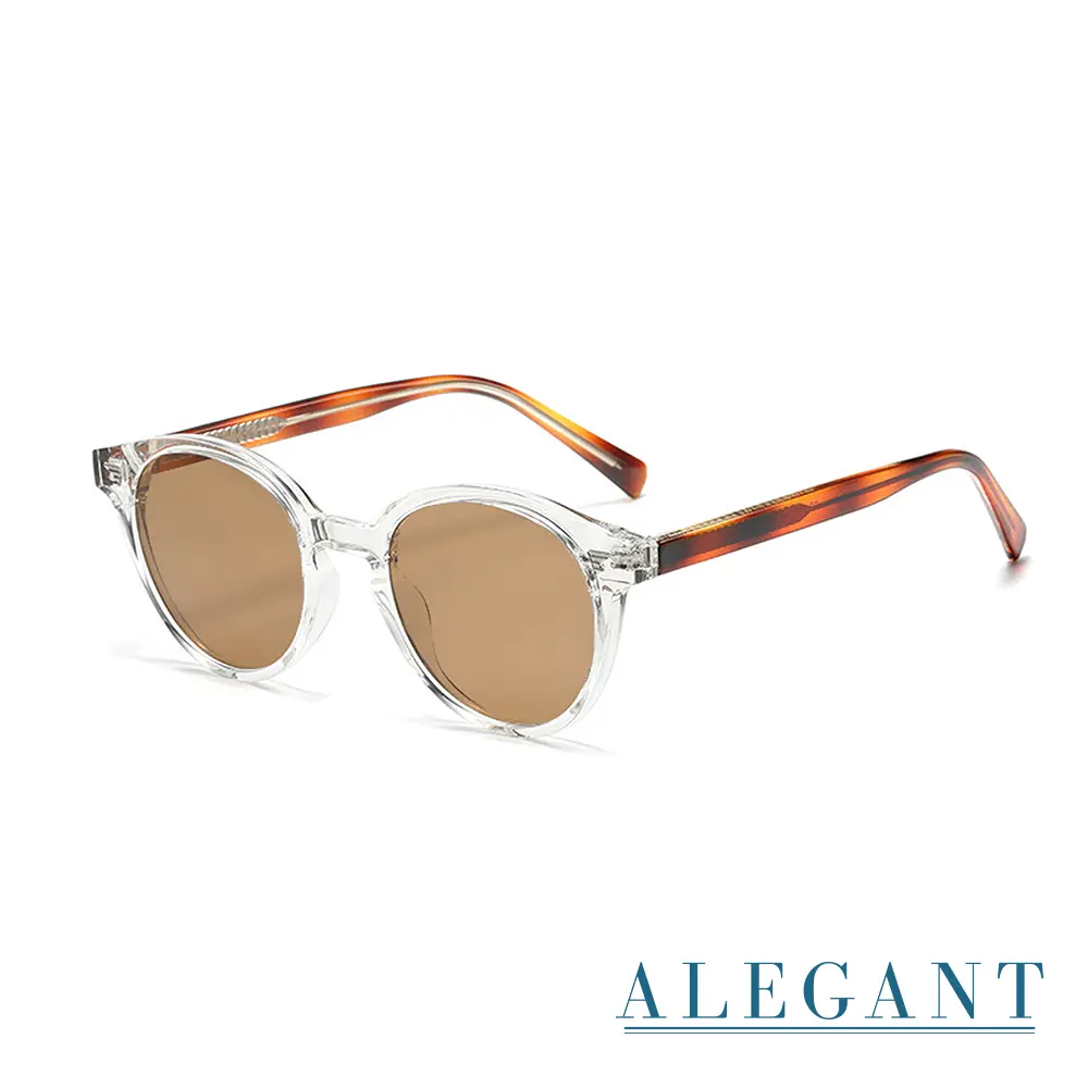 ALEGANT輕旅時尚波士頓輕量TR90圓框UV400太陽眼鏡/戶外墨鏡/露營用品/ 晶琥茶光