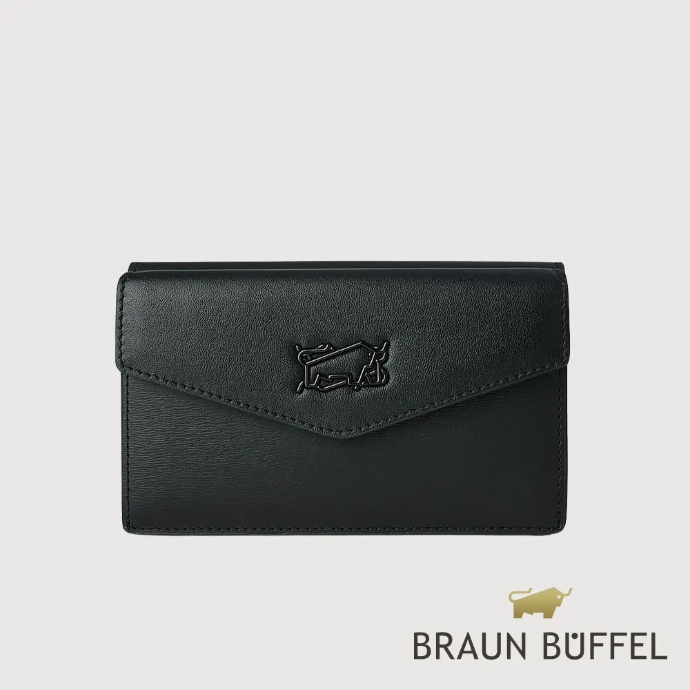 【BRAUN BUFFEL 德國小金牛】台灣總代理 巨星-F 9卡兩折釘扣中夾-黑色/BF887-502-BK