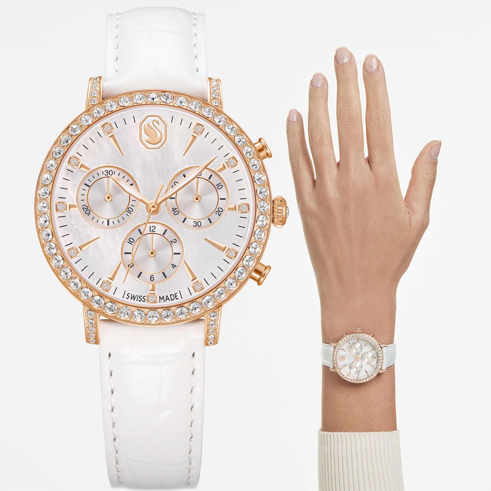 SWAROVSKI 施華洛世奇 Dextera Octagon 珍珠貝水晶三眼計時女錶-36mm 送禮 禮物 推薦(5754536)