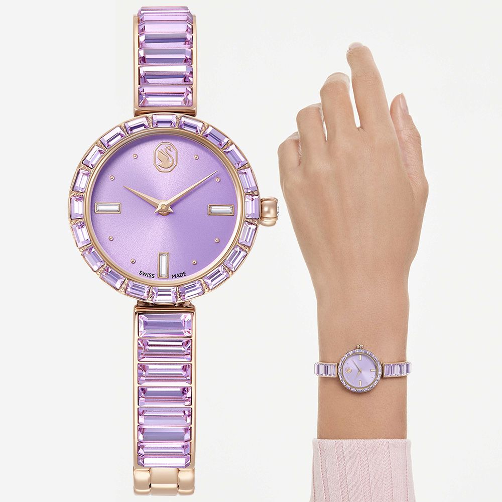 SWAROVSKI 施華洛世奇 Matrix Bangle 方形切割水晶手鐲式手錶 女錶-紫x香檳金 送禮 禮物 推薦(5743713)