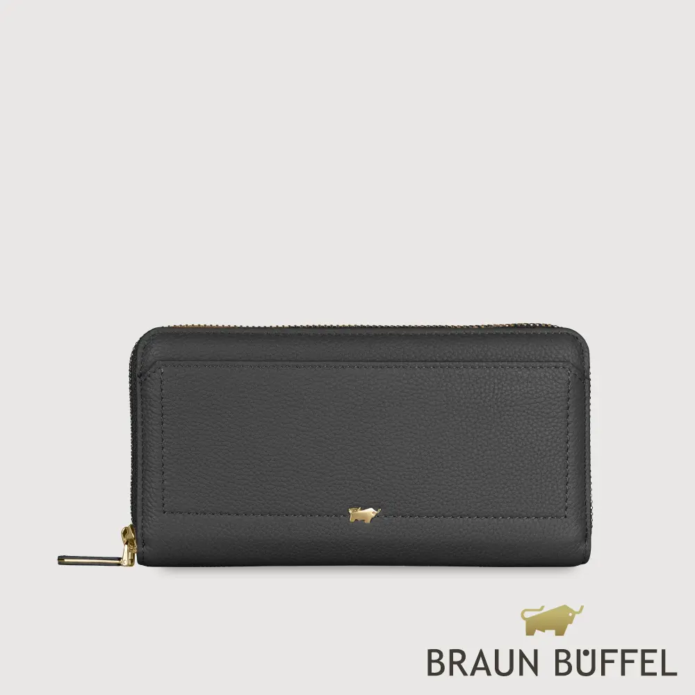 【BRAUN BUFFEL 德國小金牛】台灣總代理 珍妮絲 13卡拉鍊長夾-黑色/BF840-602-BK