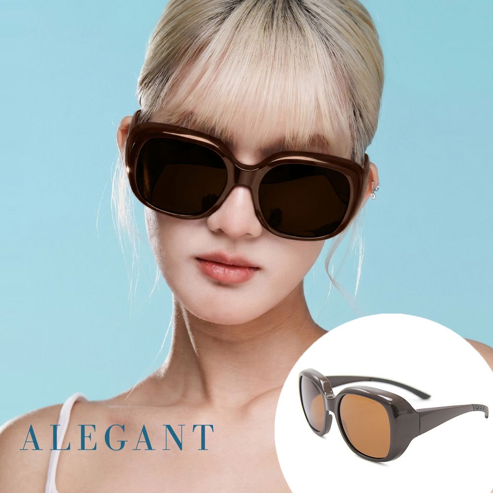 ALEGANT時尚簡約大方框全罩式防滑彈力鏡腳寶麗來偏光墨鏡/外掛式UV400太陽眼鏡/ 柔光淺棕