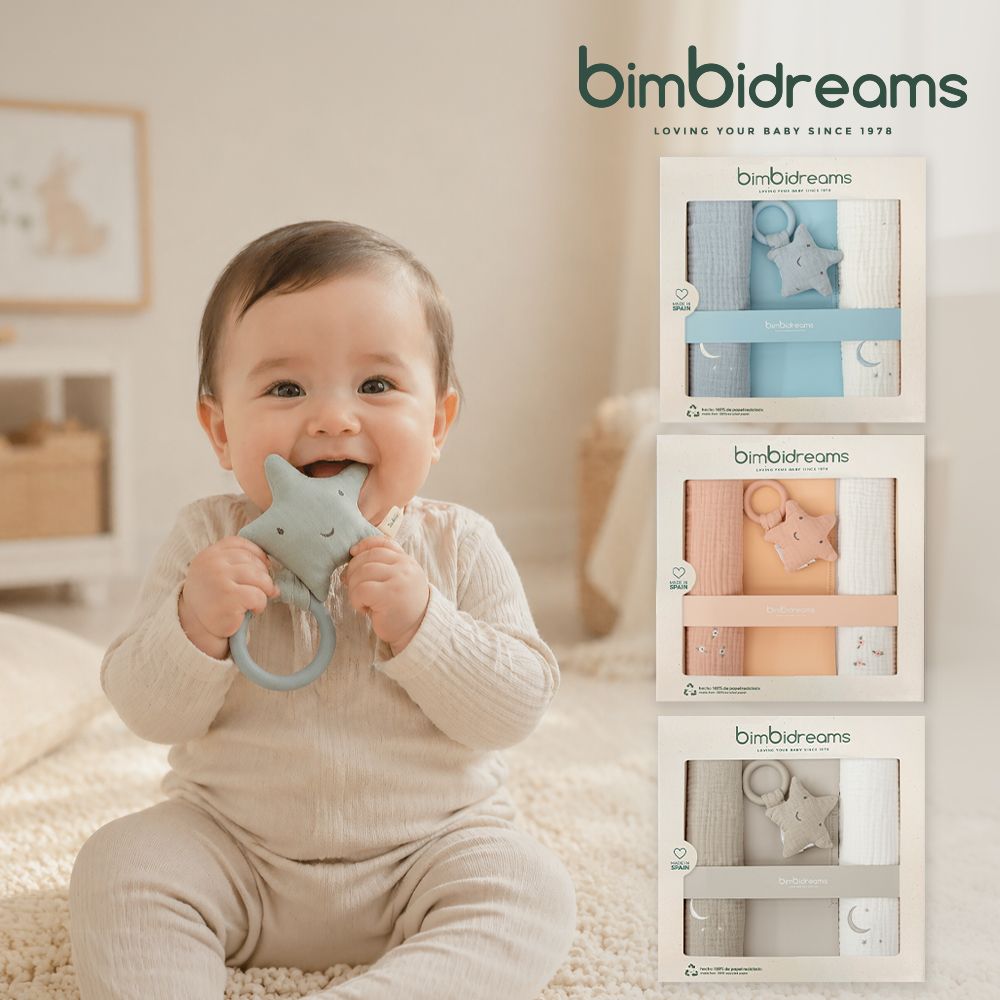 【bimbidreams】星星固齒器+二入紗布巾禮盒/ 粉白