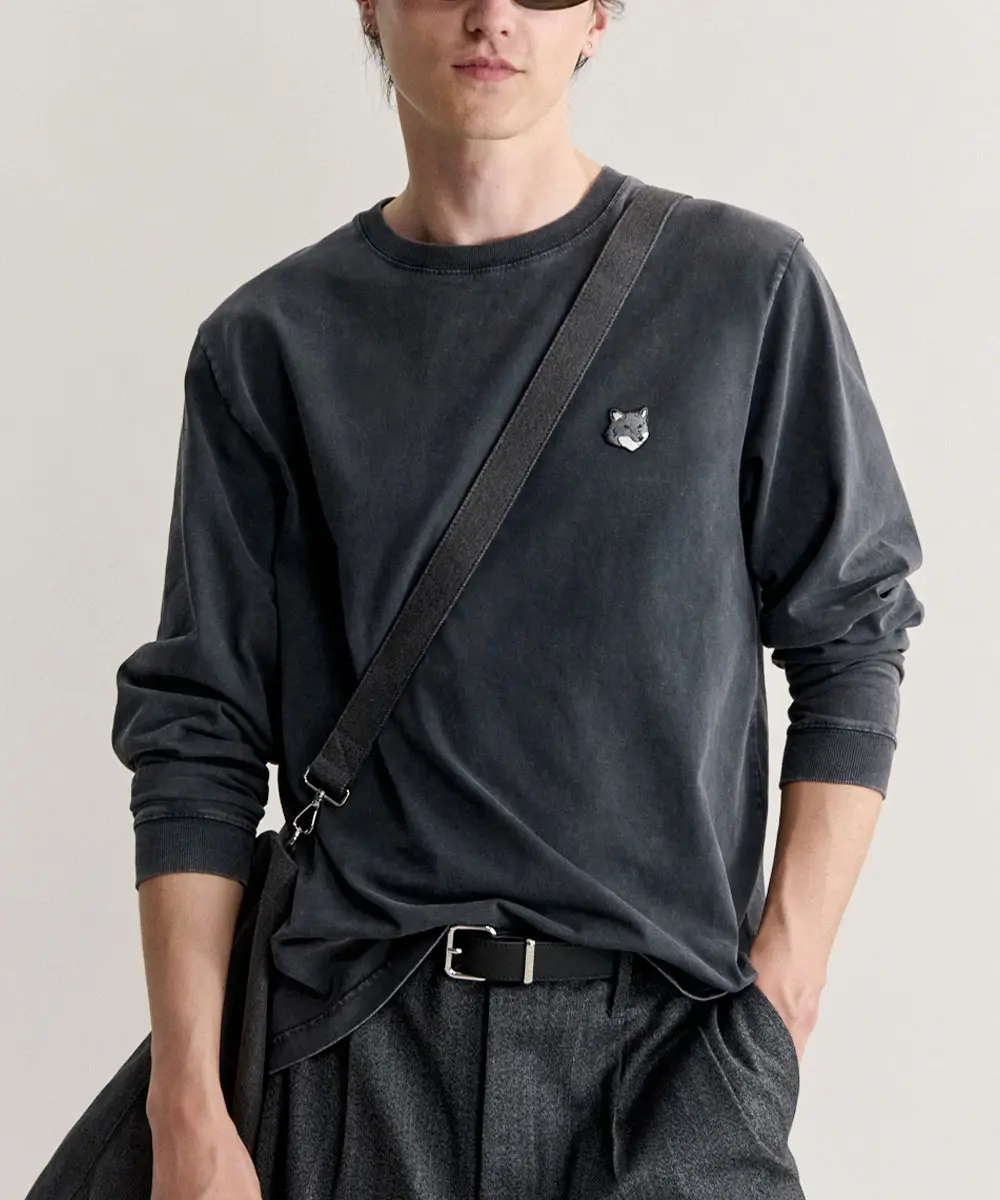MAISON KITSUNÉ 洗舊石墨黑灰狐狸頭LOGO舒適長TEE/中性/男裝/ L