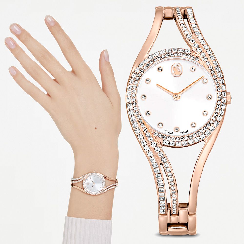SWAROVSKI 施華洛世奇 Hyperbola 優雅曲線手鐲式手錶 女錶-玫瑰金/28mm 送禮 禮物 推薦(5715465)