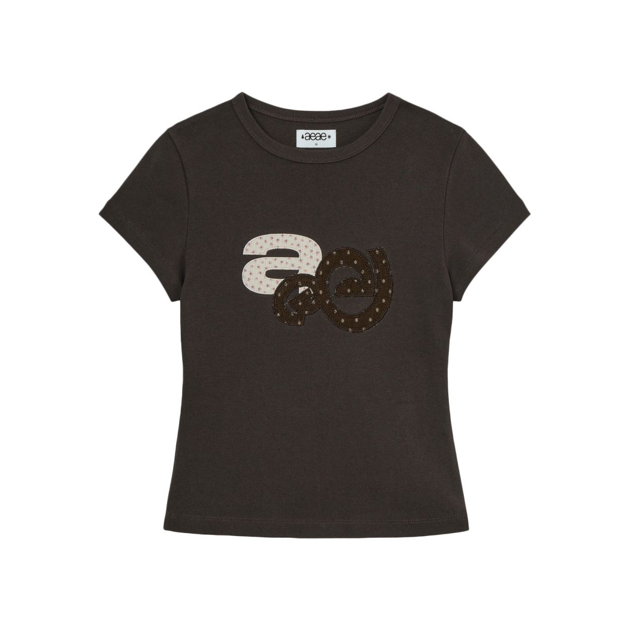 韓國 aeae APPLIQUE FLOWER LOGO TEE 韓國製花卉圓點貼布棉質短版短袖T恤 深棕色