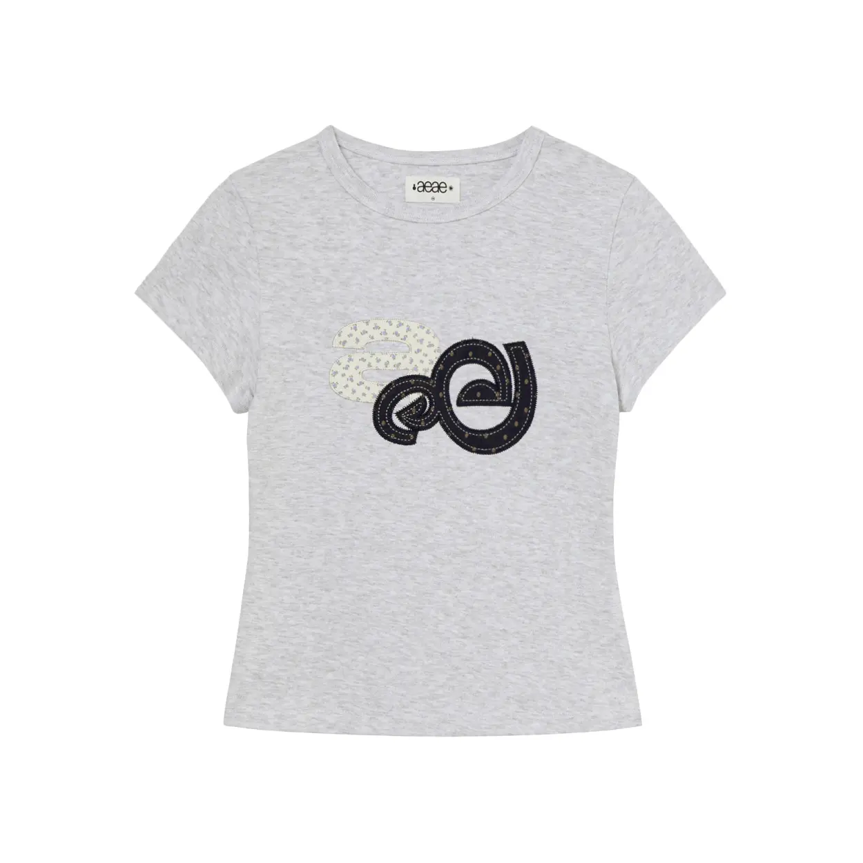 韓國 aeae APPLIQUE FLOWER LOGO TEE 韓國製花卉圓點貼布棉質短版短袖T恤 淺灰色