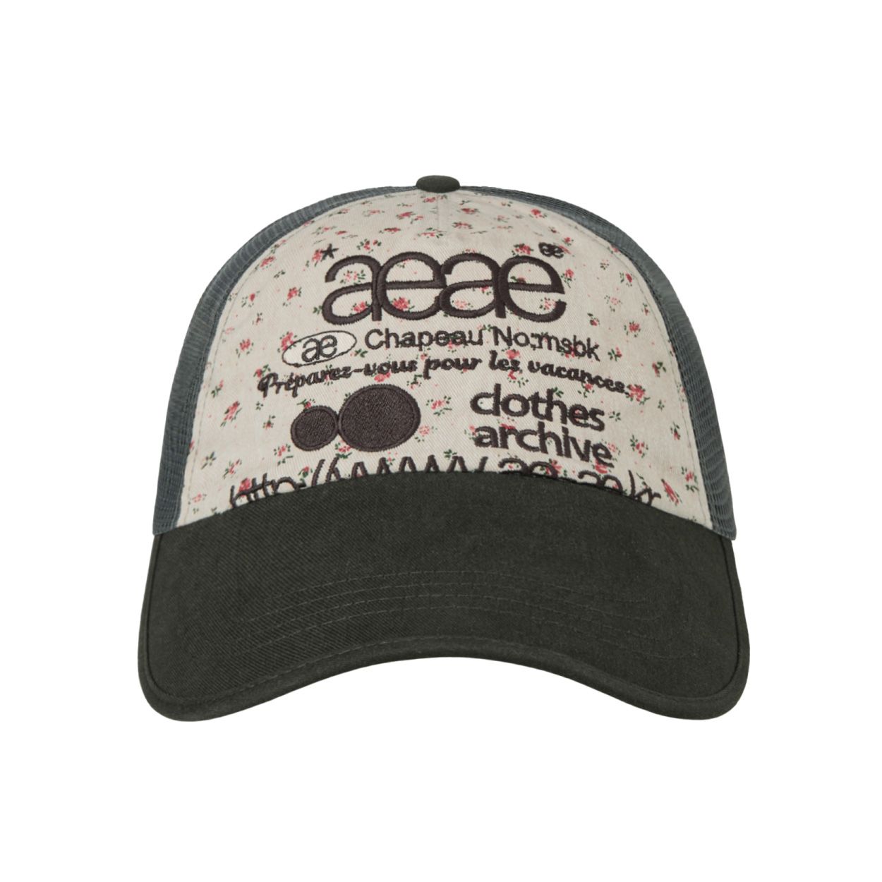 韓國 aeae WEB LOGO FLOWER MESH CAP 韓國製花卉圖案拼接網帽 米色深綠