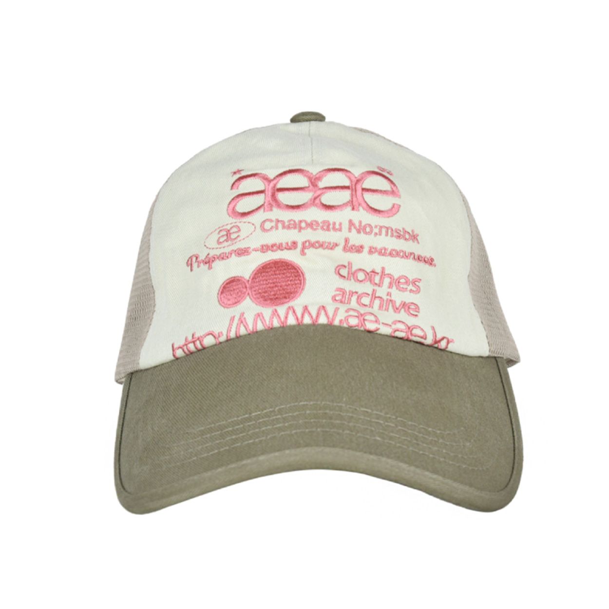 韓國 aeae WEB LOGO MESH CAP 復古水洗棉質拼接網帽 橄欖綠米色