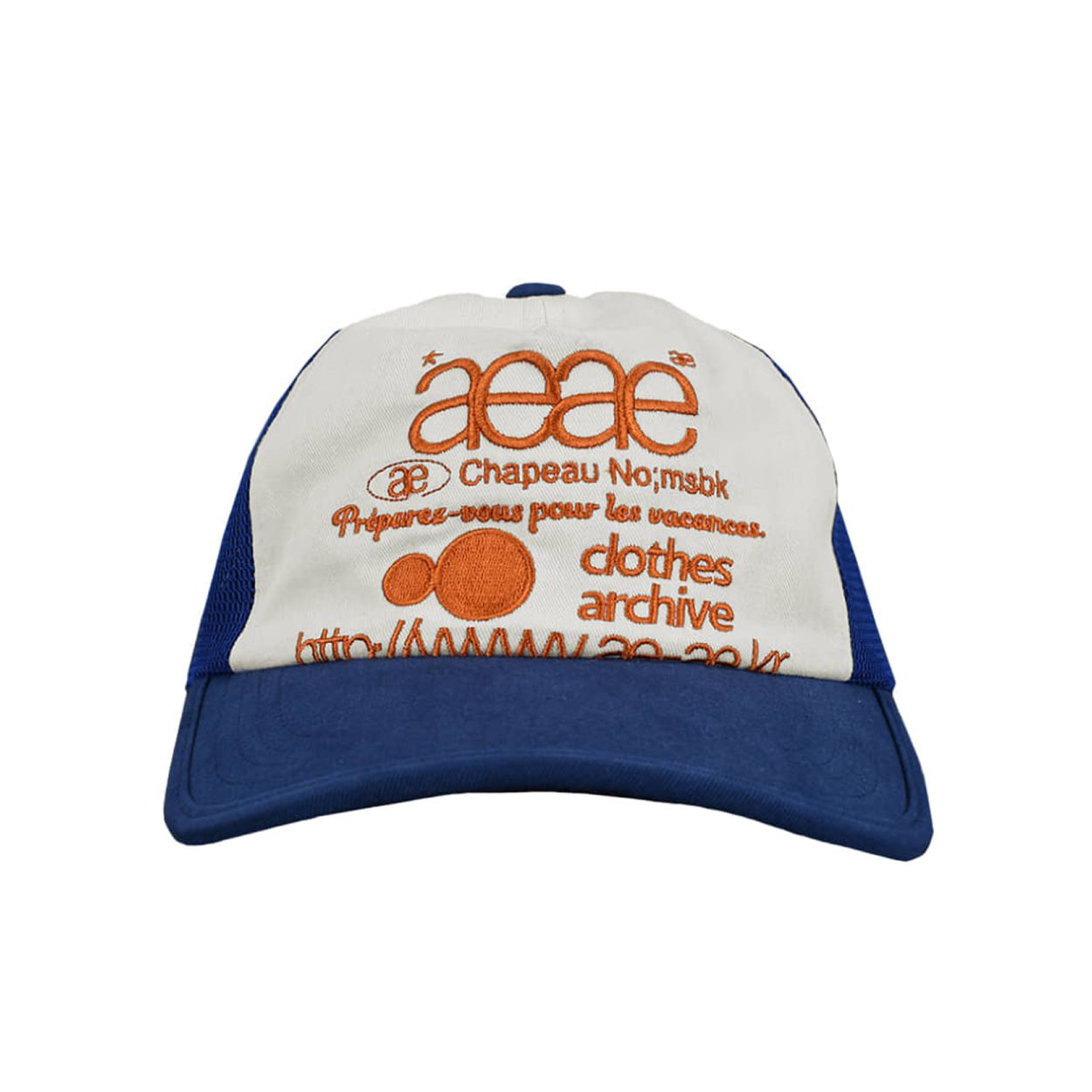 韓國 aeae WEB LOGO MESH CAP 復古水洗棉質拼接網帽 藍橘色