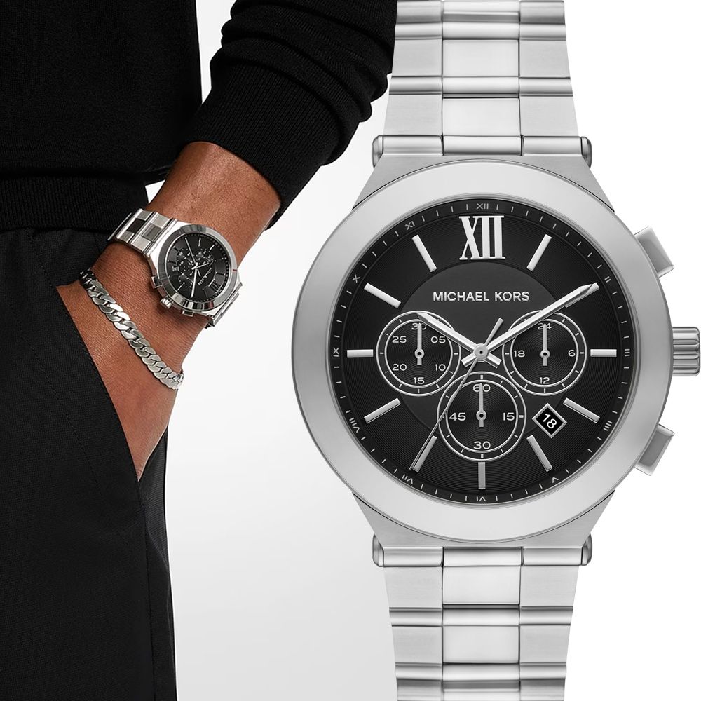 Michael Kors MK Oversized 羅馬三眼計時手錶 手鍊套組 套錶-黑x銀/44mm 送禮 禮物 推薦(MK9272SET)